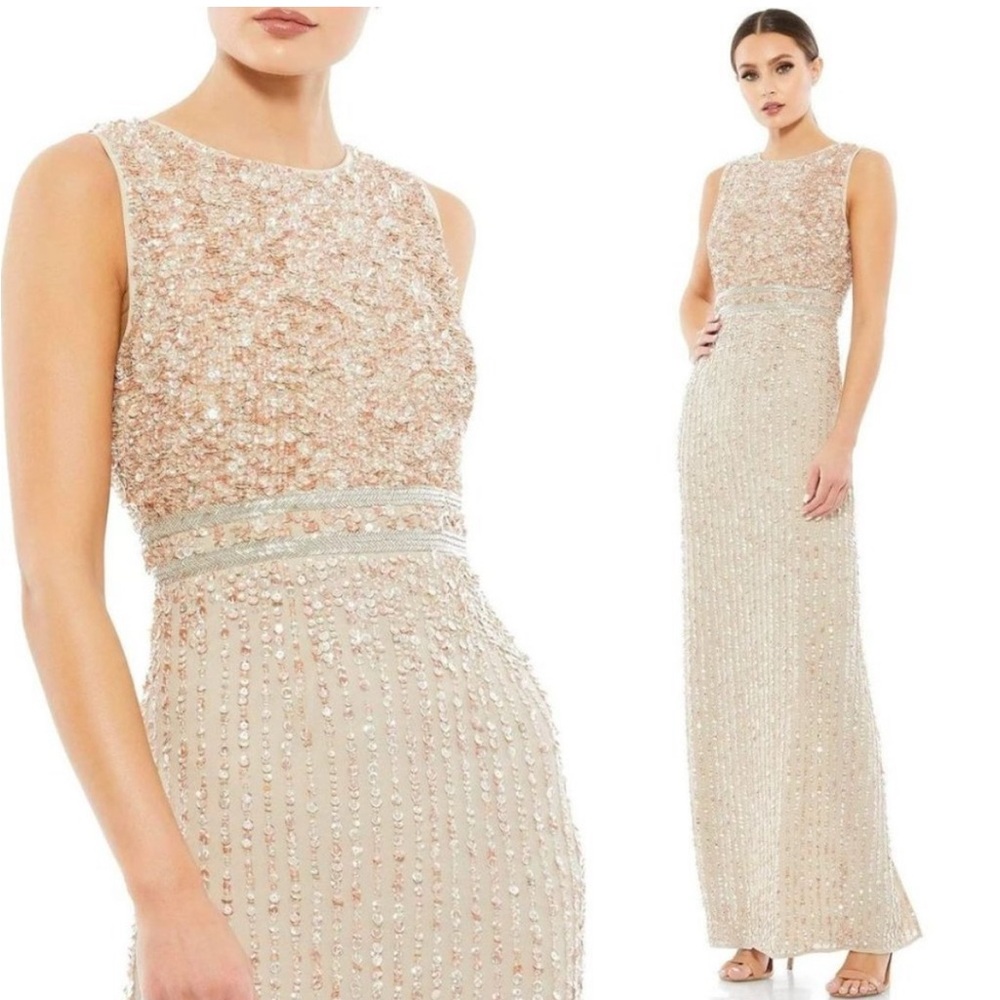 Mac Duggal Sequin High Neck Sleeveless Column Dress Gown Gold Back Slit #6619954